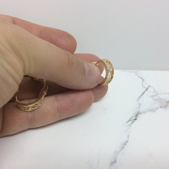14K YELLOW REAL GOLD Hoop Huggies CLIP ON Filigree Earrings 4.10gr - Picture 6 of 7